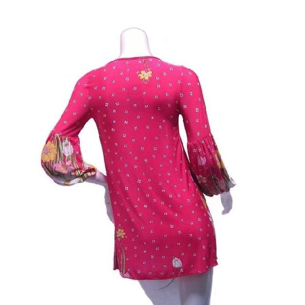 ロングチュニックワンピース　花柄プリントフラワー　フロントプリーツ　袖バルーン　五分袖　ＬＡ　ピンク・ブルー |  | 03