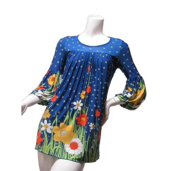 ロングチュニックワンピース　花柄プリントフラワー　フロントプリーツ　袖バルーン　五分袖　ＬＡ　ピンク・ブルー |  | 04