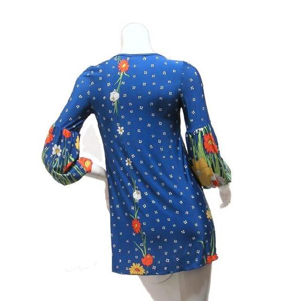 ロングチュニックワンピース　花柄プリントフラワー　フロントプリーツ　袖バルーン　五分袖　ＬＡ　ピンク・ブルー |  | 05