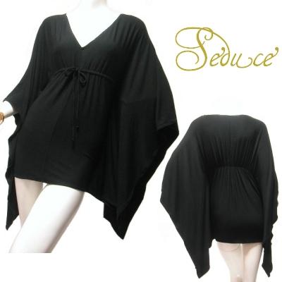 トップス　ロングトップスキモノスリーブワイドロングチュニックブラックカットソー黒Seduce | 