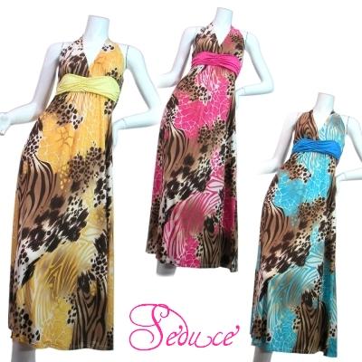 ロングドレスワンピースマキシ丈ヒョウ柄派手綺麗カラー大人雰囲気ホルターネックＬＡＳｅｄｕｃｅ　イエロー・ピンク・ブルー | 