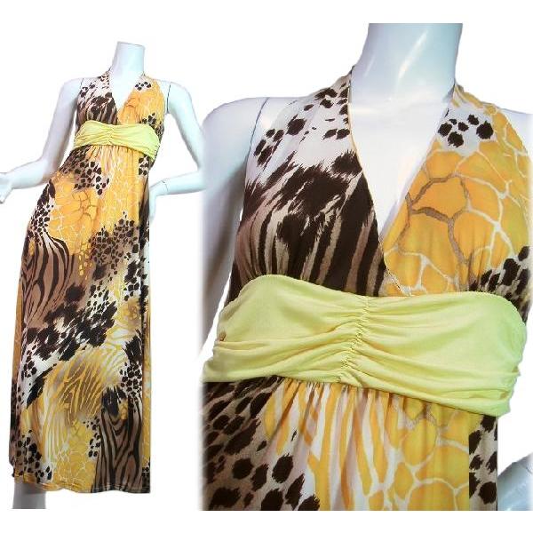 ロングドレスワンピースマキシ丈ヒョウ柄派手綺麗カラー大人雰囲気ホルターネックＬＡＳｅｄｕｃｅ　イエロー・ピンク・ブルー |  | 01