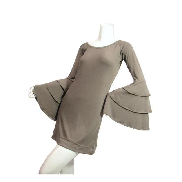 SALE ワンピース袖３段フリルワイドスリーブゴージャスチュニックとしてもグレーモカチャブラックSeduce |  | 03