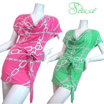 ワンピースチェーンプリント胸元ドレープオシャレカラータイトロングチュニックとしても！ピンクグリーンＬＡＳｅｄｕｃｅ | 