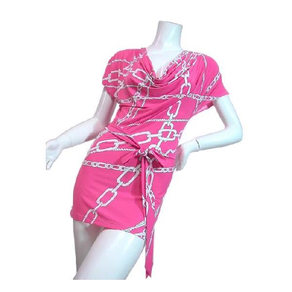 ワンピースチェーンプリント胸元ドレープオシャレカラータイトロングチュニックとしても！ピンクグリーンＬＡＳｅｄｕｃｅ |  | 01