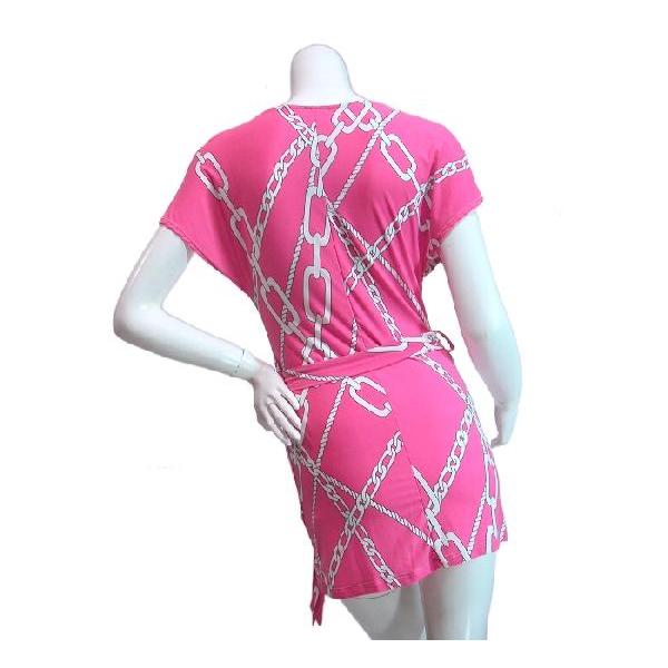 ワンピースチェーンプリント胸元ドレープオシャレカラータイトロングチュニックとしても！ピンクグリーンＬＡＳｅｄｕｃｅ |  | 03