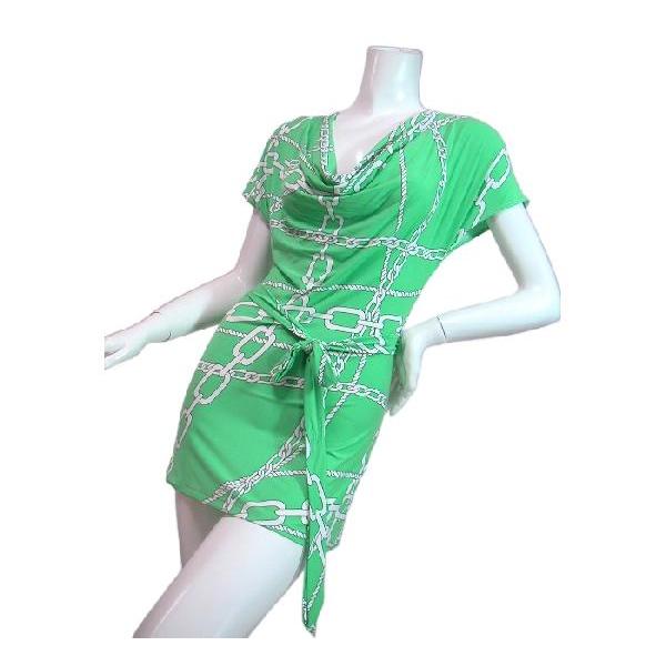 ワンピースチェーンプリント胸元ドレープオシャレカラータイトロングチュニックとしても！ピンクグリーンＬＡＳｅｄｕｃｅ |  | 04