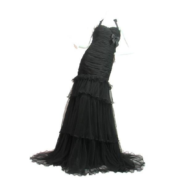 フリル付き黒のロングドレスM、美品、ゴージャス フリル付き黒のロングドレスM、美品、ゴージャス