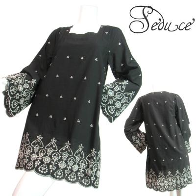 ワンピースロングチュニックワイドベルスリーブフラワーレース刺繍スクエアネックボヘミアンAラインSeduce | 