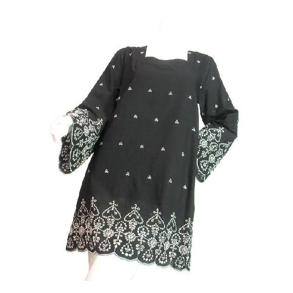 ワンピースロングチュニックワイドベルスリーブフラワーレース刺繍スクエアネックボヘミアンAラインSeduce |  | 01