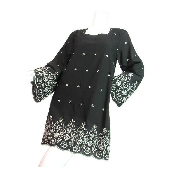 ワンピースロングチュニックワイドベルスリーブフラワーレース刺繍スクエアネックボヘミアンAラインSeduce |  | 03