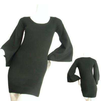 ロングニットベルスリーブデザインセーターミニニットワンピブラック黒色Ｓｅｄｕｃｅ | 