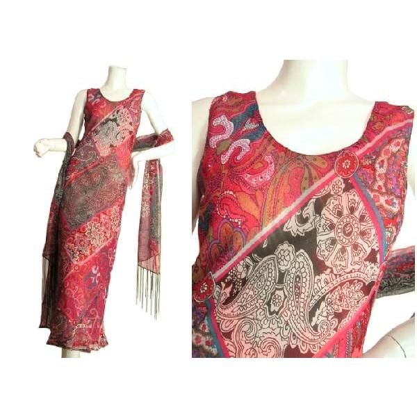 ロングワンピースフレアペイズリープリントタッセルストール付きエレガント上品パーティードレスレッドブルーＳｅｄｕｃｅ |  | 01