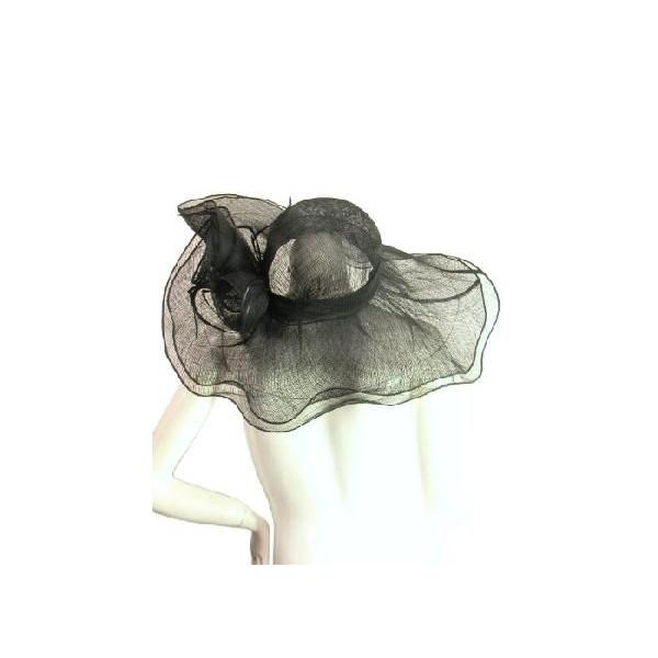 キャプリーヌハットつば広約２０ｃｍくるくるモチーフ羽根付きガーデンハット女優帽レトロ映画ブラック黒ＬＡＳｅｄｕｃｅ |  | 03