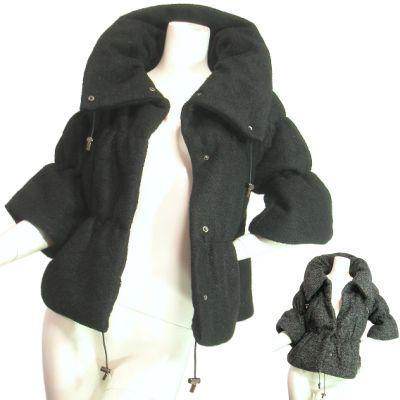 七分袖ベルスリーブくるくるモールツイードジャケットボリューム立ち襟豪華ブラックチャコールグレーＳｅｄｕｃｅ | 