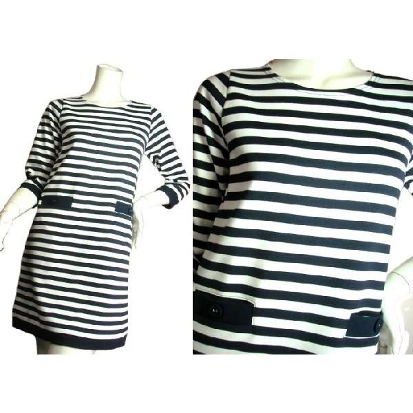 紺白ボーダーAラインワンピース七分袖ジャージー生地　チュニック　ひざ丈　ネイビーホワイトボーダーSeduce |  | 01