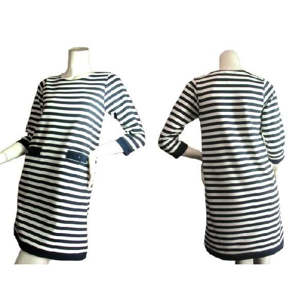 紺白ボーダーAラインワンピース七分袖ジャージー生地　チュニック　ひざ丈　ネイビーホワイトボーダーSeduce |  | 02