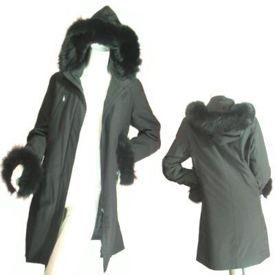 ブルーフォックスファーフード袖口トリミング膝丈コートブラック黒Ｓｅｄｕｃｅ | 