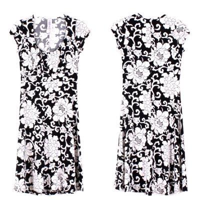 ミディワンピースホワイトオリエンタルアラベスクレトロ大フラワープリントブラックベース白花柄胸下切り替え半袖ＬＡＳｅｄｕｃｅ | 