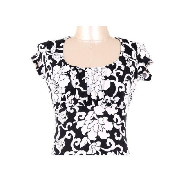 ミディワンピースホワイトオリエンタルアラベスクレトロ大フラワープリントブラックベース白花柄胸下切り替え半袖ＬＡＳｅｄｕｃｅ |  | 02