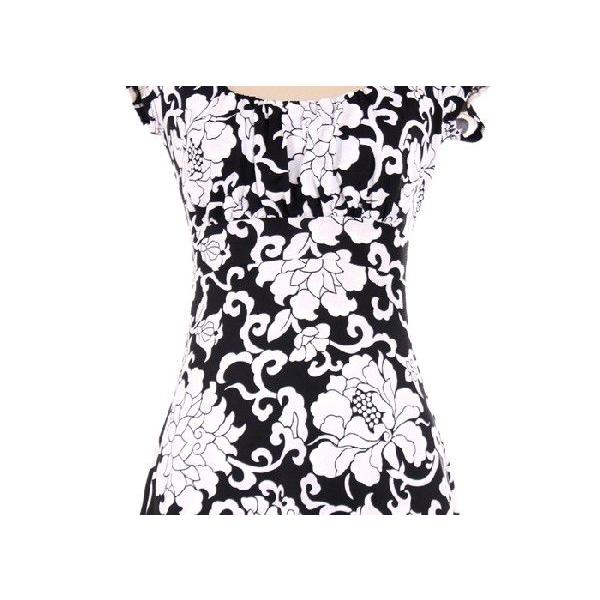 ミディワンピースホワイトオリエンタルアラベスクレトロ大フラワープリントブラックベース白花柄胸下切り替え半袖ＬＡＳｅｄｕｃｅ |  | 03