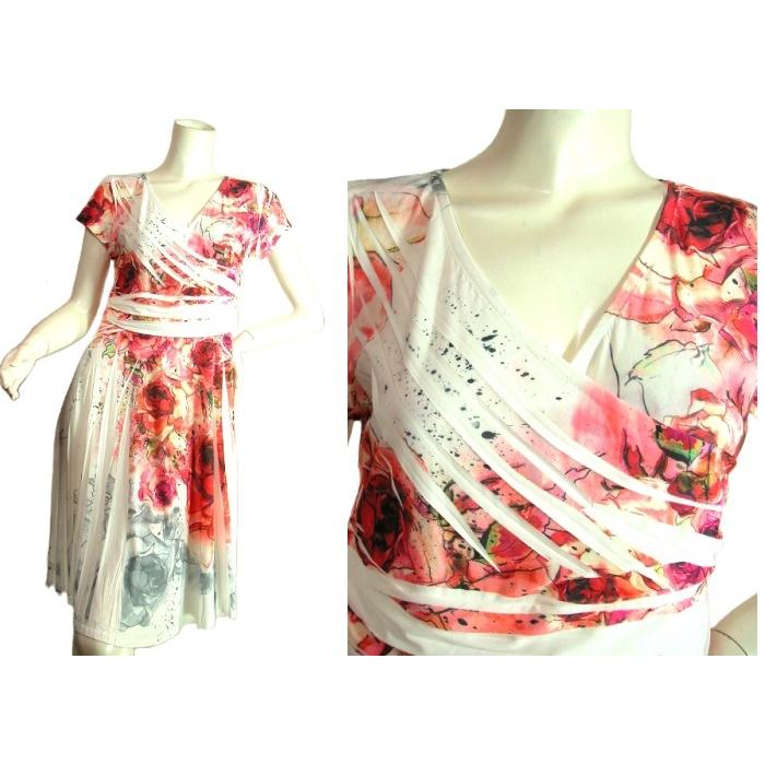 ミディワンピースレッドバラ柄ホワイトベース水彩画サブリメーションカシュクール調半袖ＬＡＳｅｄｕｃｅ |  | 01