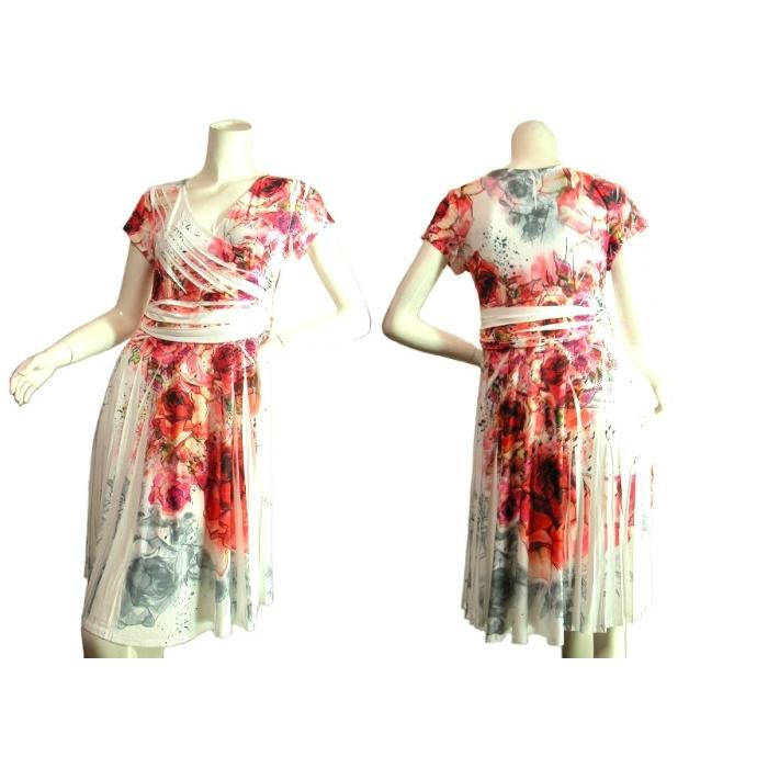 ミディワンピースレッドバラ柄ホワイトベース水彩画サブリメーションカシュクール調半袖ＬＡＳｅｄｕｃｅ |  | 02