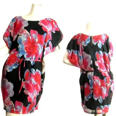 ドレスワンピース抽象花柄シフォン素材膝丈シック美ラインワンピ黒色ブラック五分袖ワンピ二次会結婚式パーティーＳｅｄｕｃｅ | 