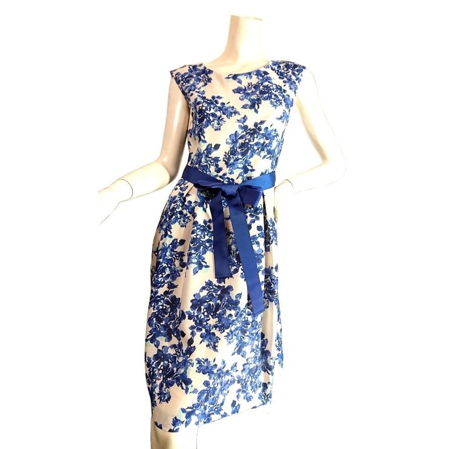 ブルー花柄ベルトリボンフレンチスリーブワンピースフレアひざ丈　上品エレガントフェミニンSeduce |  | 01