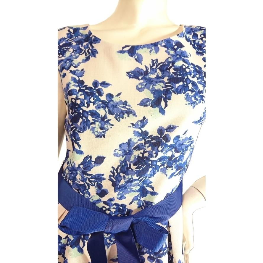 ブルー花柄ベルトリボンフレンチスリーブワンピースフレアひざ丈　上品エレガントフェミニンSeduce |  | 02