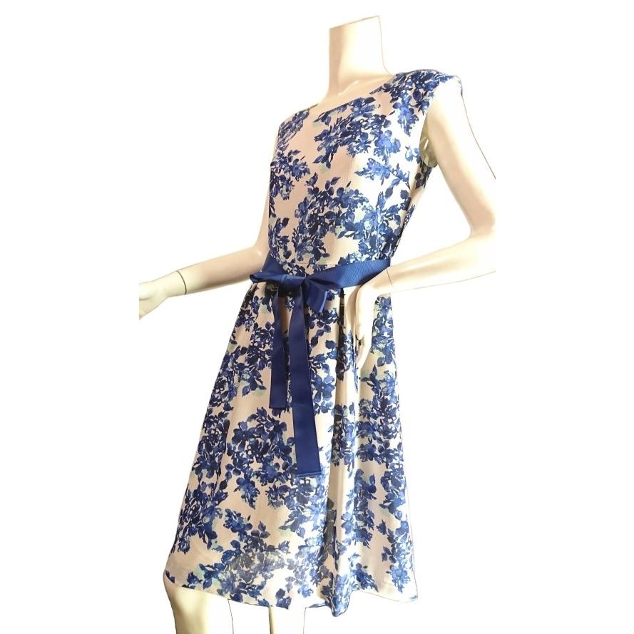 ブルー花柄ベルトリボンフレンチスリーブワンピースフレアひざ丈　上品エレガントフェミニンSeduce |  | 03