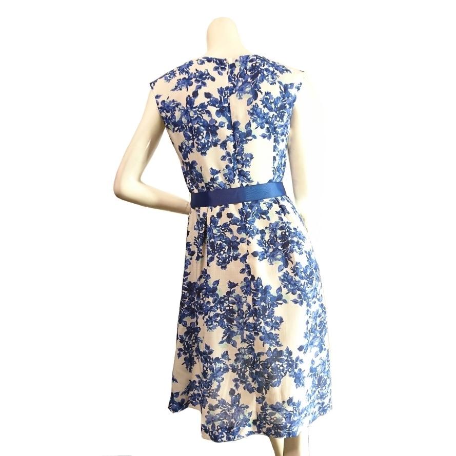 ブルー花柄ベルトリボンフレンチスリーブワンピースフレアひざ丈　上品エレガントフェミニンSeduce |  | 04