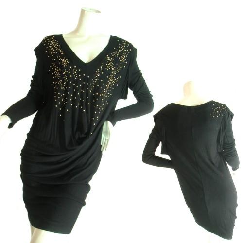 ドレープミディアム長袖ワンピースゴールドスタッズ付ブラック黒　パーティーお出掛けＳｅｄｕｃｅ | 