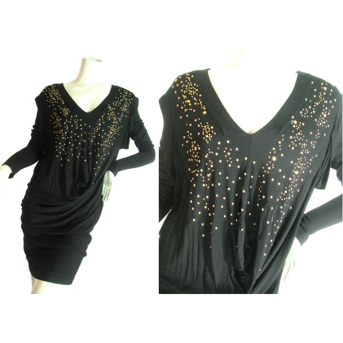 ドレープミディアム長袖ワンピースゴールドスタッズ付ブラック黒　パーティーお出掛けＳｅｄｕｃｅ |  | 01