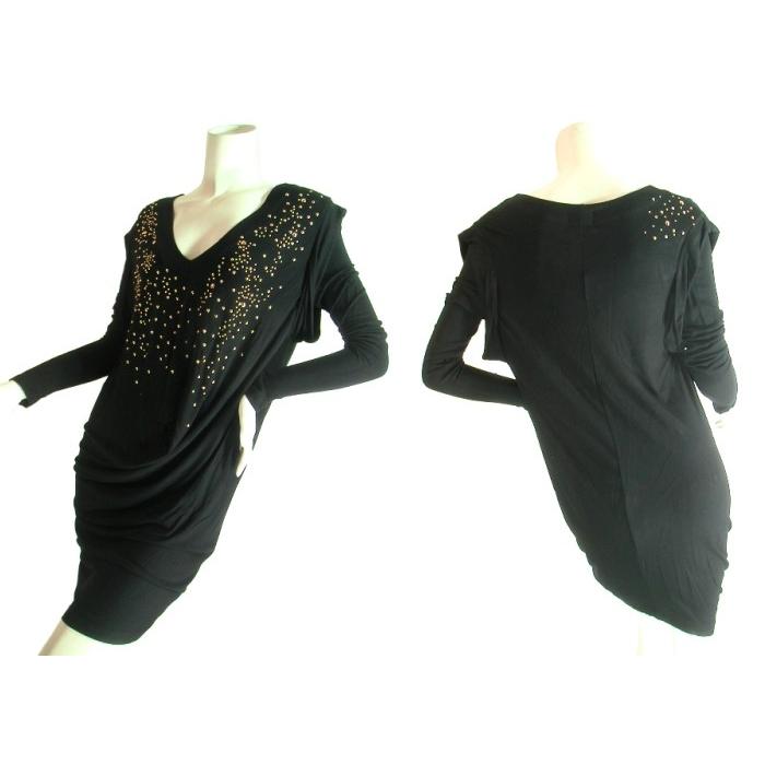 ドレープミディアム長袖ワンピースゴールドスタッズ付ブラック黒　パーティーお出掛けＳｅｄｕｃｅ |  | 02