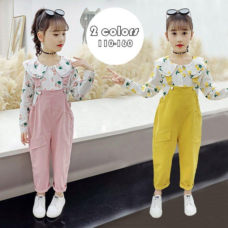 可愛いシンプル 上下セット おしゃれ お出かけ ちび柄 カジュアル キッズ シャツ オーバーオール ジュニア 女の子 子供服セットアップ 春秋 普段着 通学着 長袖 高速配送 カジュアル