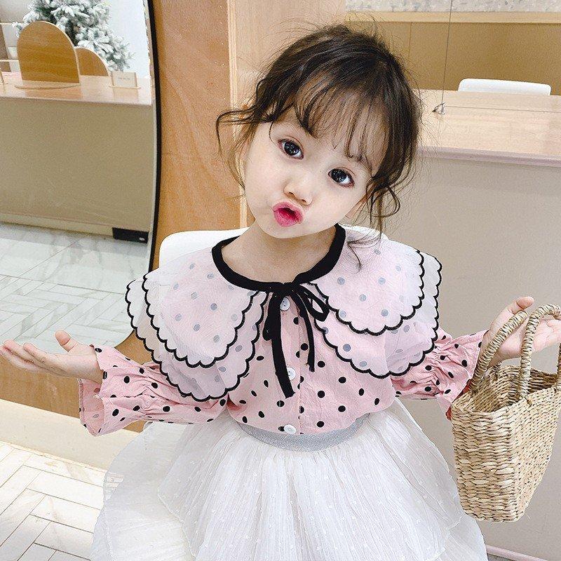 トップス キッズ 可愛い 21 人気 長袖 春秋ドット柄 ポロシャツ 2色子供服 女の子 プリント 無地 ブラウス シャツ コットン カジュアル子ども服 特価ブランド