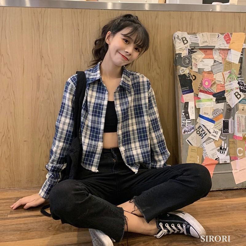 400円 品質満点 ブラウス シャツ レディース 長袖 ショート チェック柄 シンプル レトロ デザイン感 おしゃれ