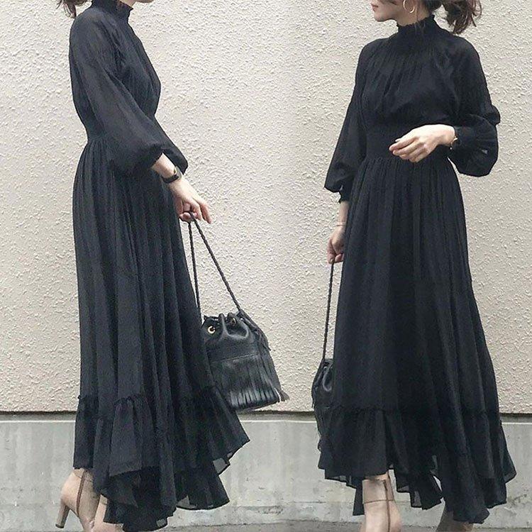 シフォンワンピース レディース 40代 キレイめ マキシ丈ワンピース 秋 長袖 黒ワンピース シフォン 結婚式ドレス オシャレ 上品 着痩せ Bkxqltwlcx ファッション Www Anchorcm Net