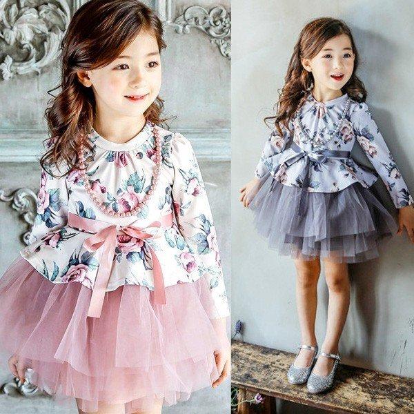3colors 子供服 女の子 ワンピースドレス チュールワンピース リボンレベル長袖 ワンピース 綿 チュチュ ハイウエスト 新着