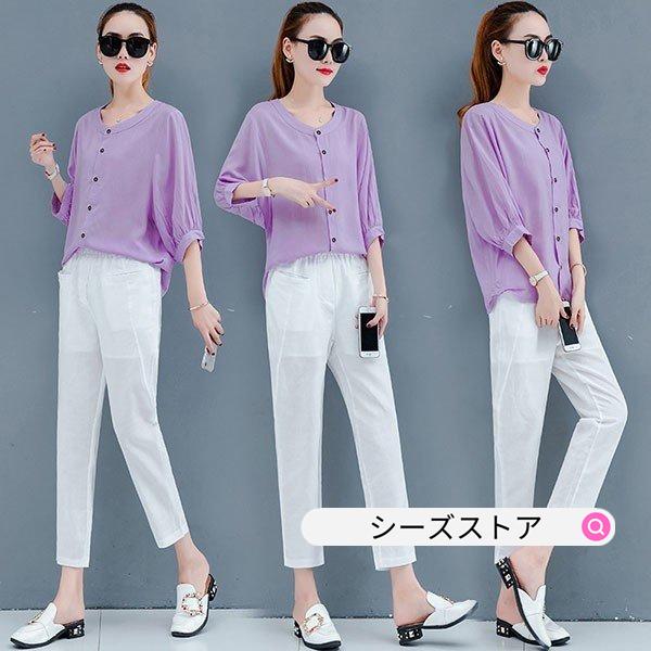 セットアップ レディース 夏 カジュアル 40代 きれいめ 大きいサイズ シャツ ブラウス 五分袖 綿