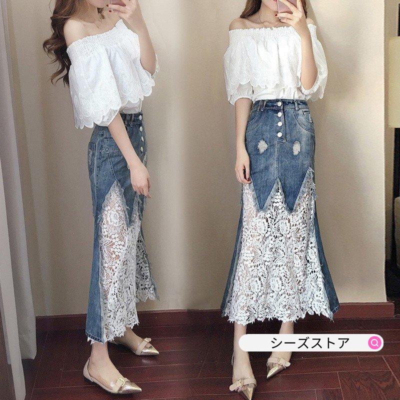 見事な セットアップ レディース 春夏 2点セット ボートネック 白 ブラウス トップス ピンク レース デニムスカート ロング丈 上下セット 女性 着やせ 通勤 Umb Digital