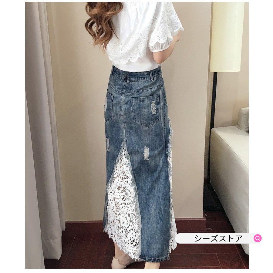 見事な セットアップ レディース 春夏 2点セット ボートネック 白 ブラウス トップス ピンク レース デニムスカート ロング丈 上下セット 女性 着やせ 通勤 Umb Digital