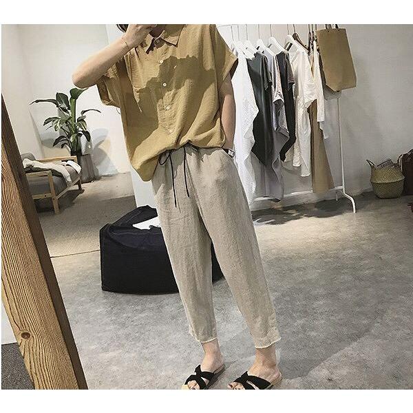 21新入荷 レディース ボトムス クロップド テーパード パンツ くるぶし丈 ウエストゴム 綿麻 無地 カジュアル 大人可愛い エレガント フェミニン オフィス お出かけ デー