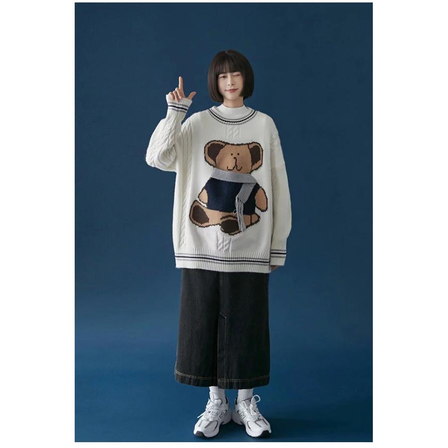 セーター ニットふく 普段着 秋冬 HAPPY NEW YEAR ラウンドネック 熊 かわいい レトロ おしゃっれ 長袖 暖かい oversize 韓国風 友達 女性 親友 防寒 加厚 家用｜seeds-seeds｜05