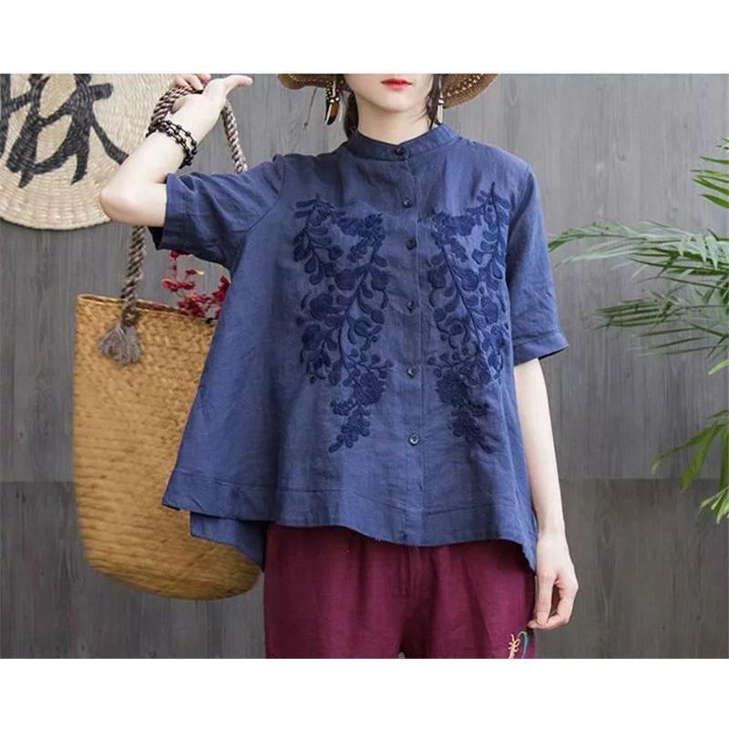 シャツブラウス とろみシャツ ブラウス シャツ レディース 綿混 綿麻風 春 夏 刺繍 トップス ドロップショルダー 落ち肩 体型カバー レディース シャツ 大人 シ｜seeds-seeds｜03