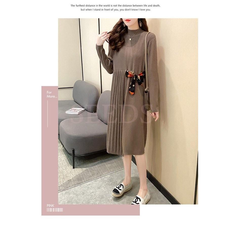 春夏新作モデル ロング丈ドレス プリーツスカート リボンウエスト 長袖ワンピース 秋冬 40代 レディース ニットワンピース セーター 着痩せ通勤 上品 オシャレ大人 韓国風 ワンピース カラー グリーン Www We Job Com