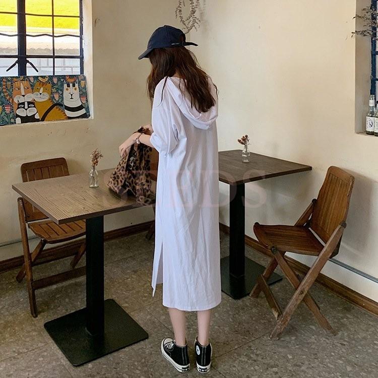 ワンピース レディース 夏 40代 ロング丈tシャツ パーカー 帽付 きれいめ オシャレ 韓国風 ゆったり シャツワンピース ロング丈ワンピース 2色 新作