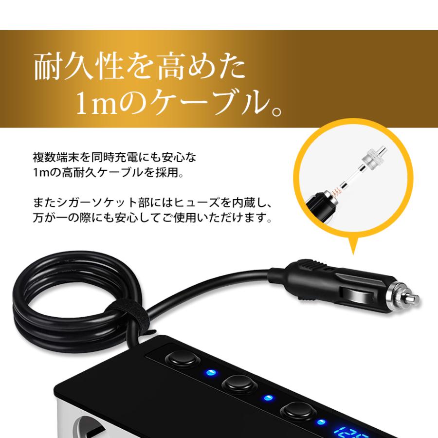シガーソケット 3連 分配器 180W USB 4口 Type-C 急速充電 QC3.0