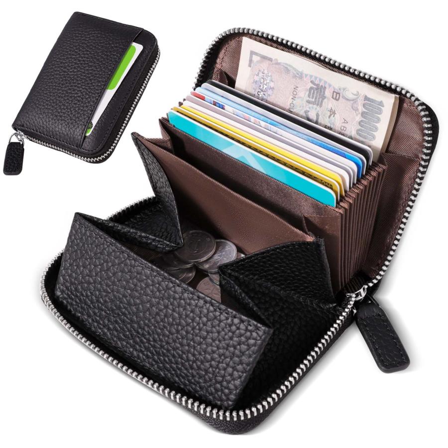 ミニ財布 お札が折れない 財布 レディース メンズ 二つ折り財布 大容量 じゃばら カードケース ボックス型 小銭入れ YKKファスナー 牛革 小さい財布 ブラック | 